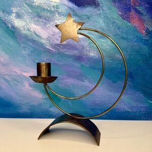Metal Celestial Moon & Star Taper Candle Candlestick Holder Cosmic Vintage 90s